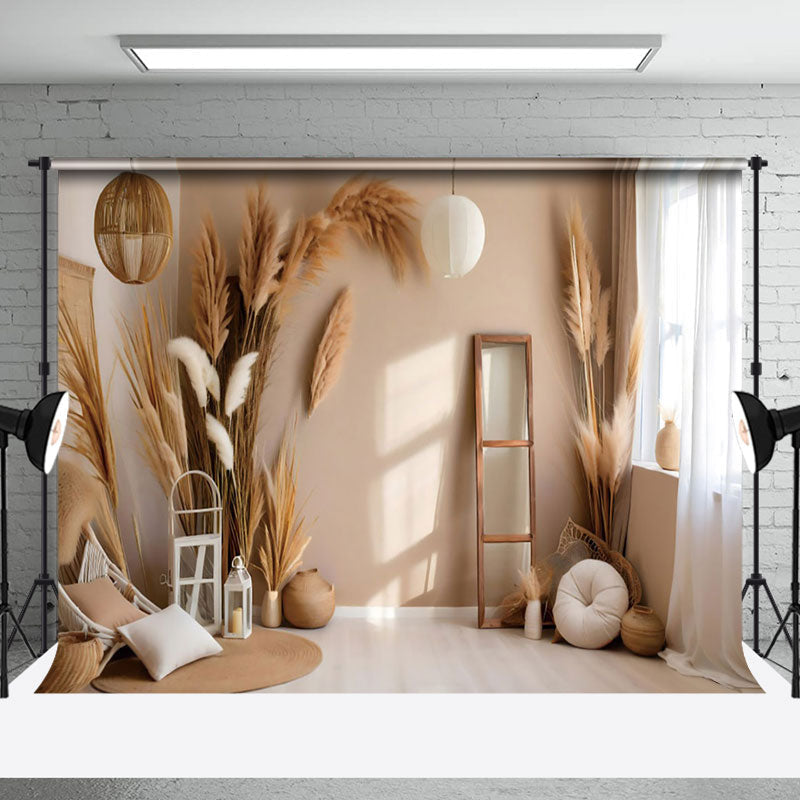 Aperturee - Aperturee Log Style Boho Pampas Grass Window Light Backdrop