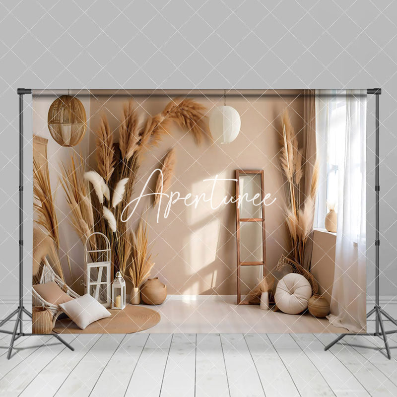 Aperturee - Aperturee Log Style Boho Pampas Grass Window Light Backdrop