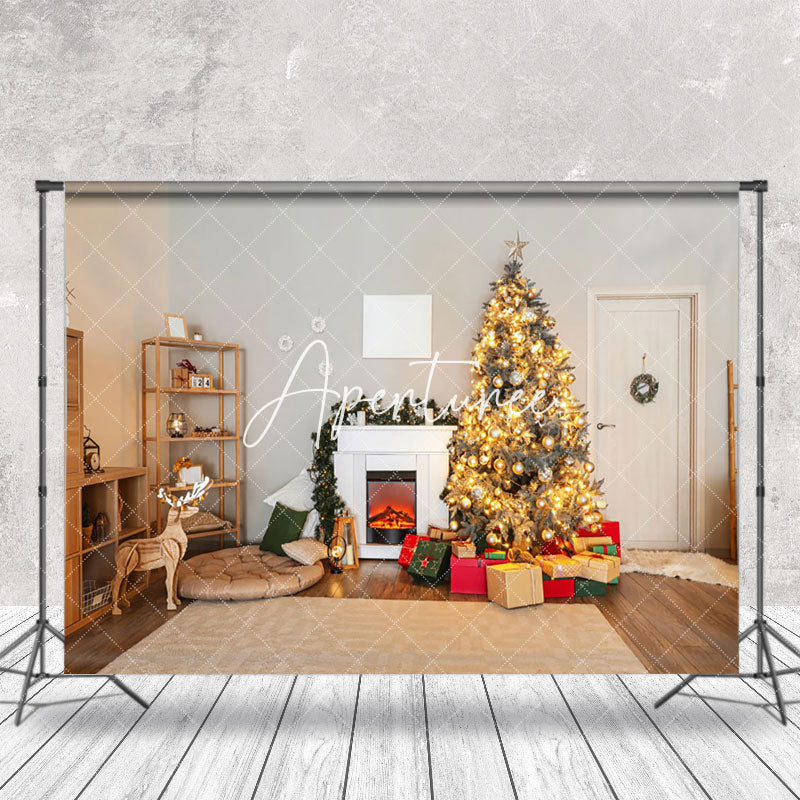 Aperturee - Aperturee Log Style Room Trees Fireplace Christmas Backdrop