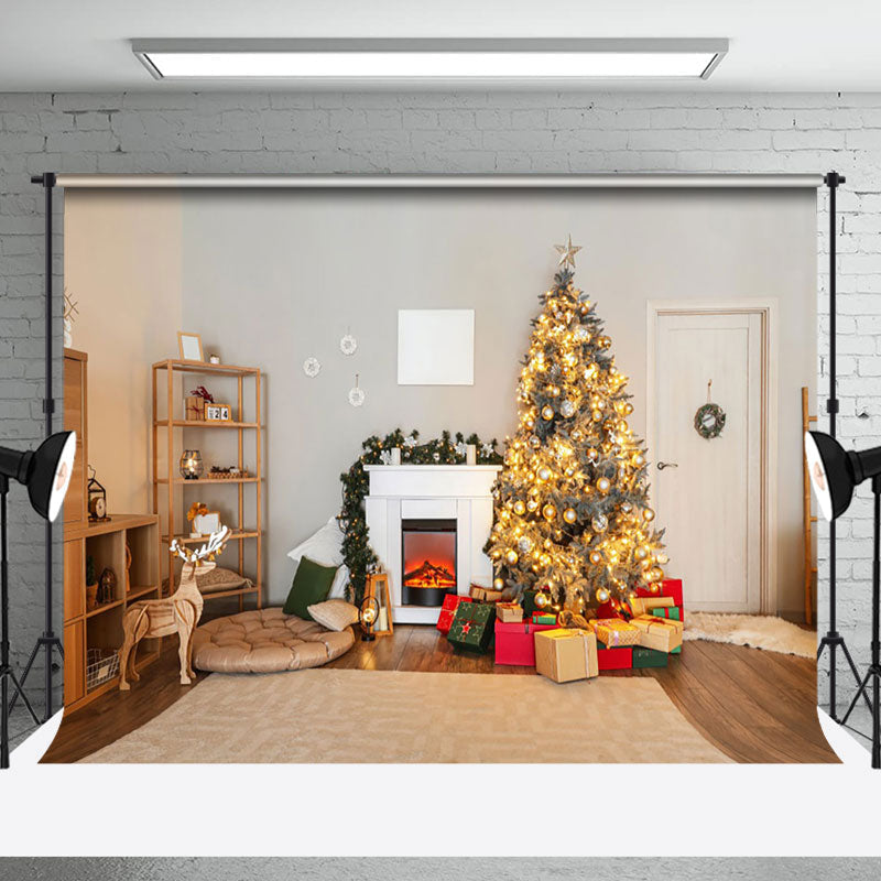 Aperturee - Aperturee Log Style Room Trees Fireplace Christmas Backdrop