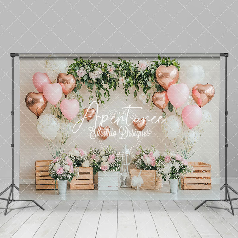 Aperturee - Aperturee Love Balloons Greenery Floral Valentines Day Backdrop