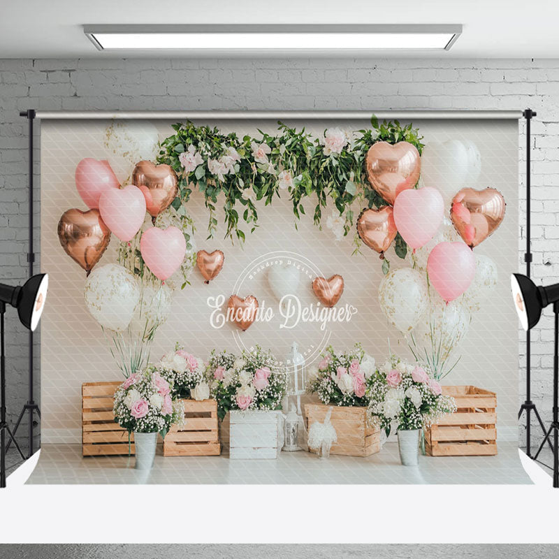 Aperturee - Aperturee Love Balloons Greenery Floral Valentines Day Backdrop