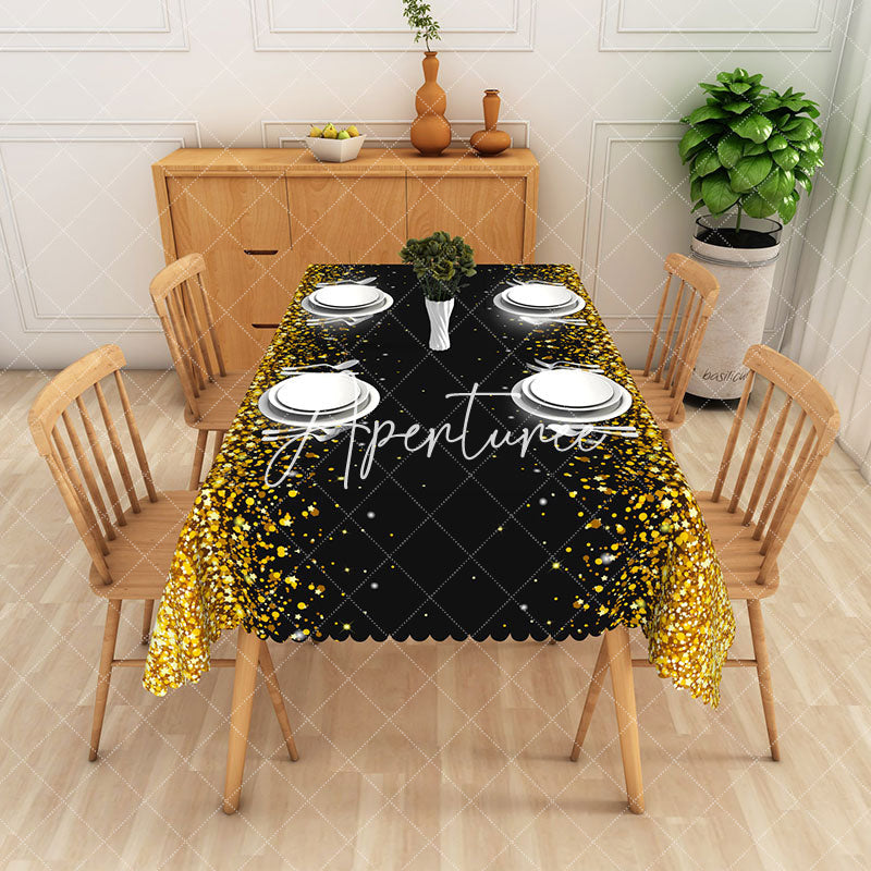 Aperturee - Aperturee Luxurious Black Golden Wavy Edge Design Tablecloth