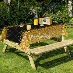 Aperturee - Aperturee Luxurious Black Golden Wavy Edge Design Tablecloth