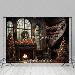 Aperturee - Aperturee Luxury Brown Fireplace Stairs Christmas Backdrop