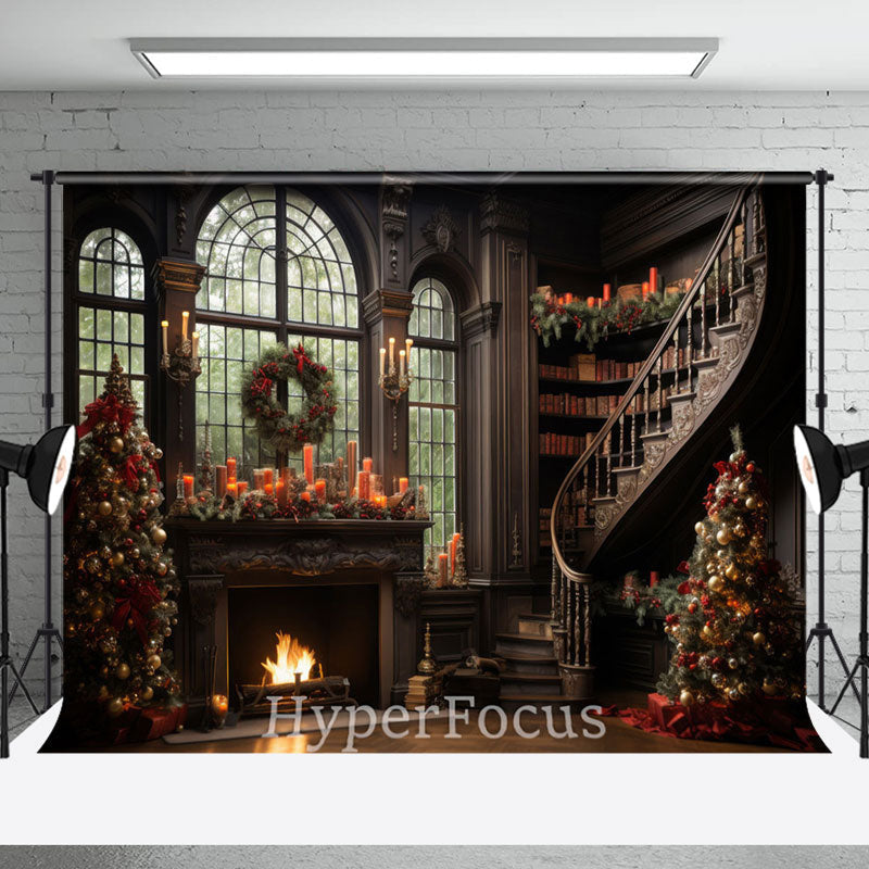 Aperturee - Aperturee Luxury Brown Fireplace Stairs Christmas Backdrop