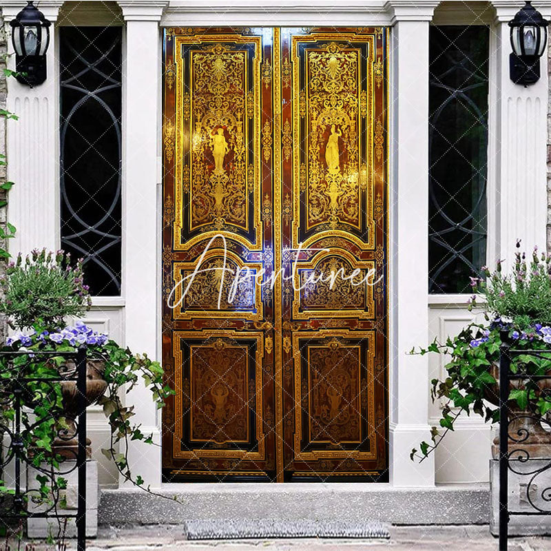 Aperturee - Aperturee Luxury Brown Gold Floral Pattern Party Door Cover