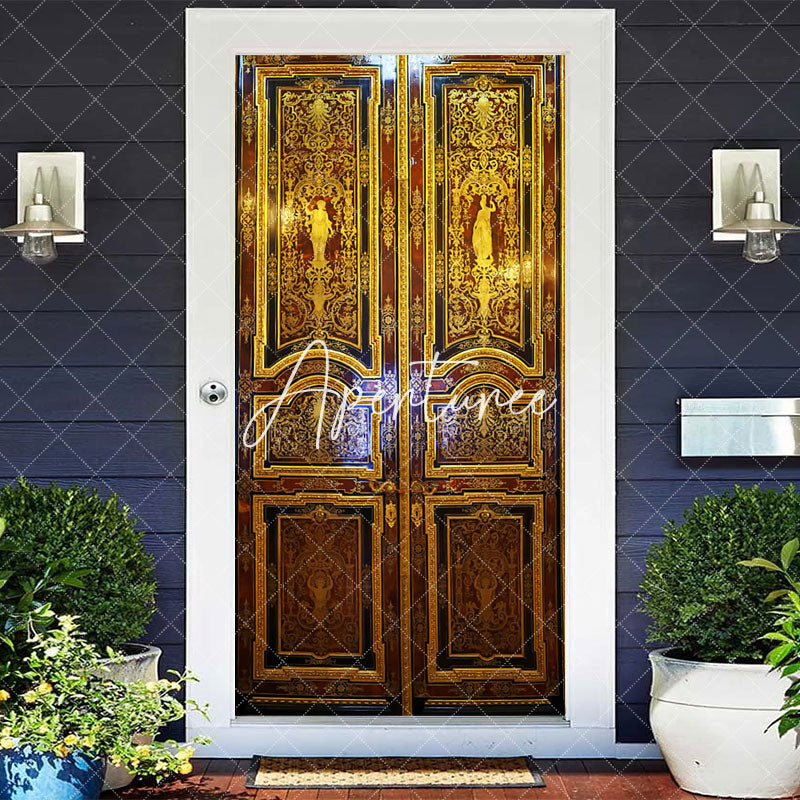 Aperturee - Aperturee Luxury Brown Gold Floral Pattern Party Door Cover