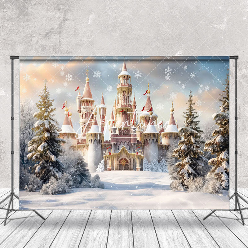 Aperturee - Aperturee Luxury Castle Snowflake Trees Christmas Backdrop