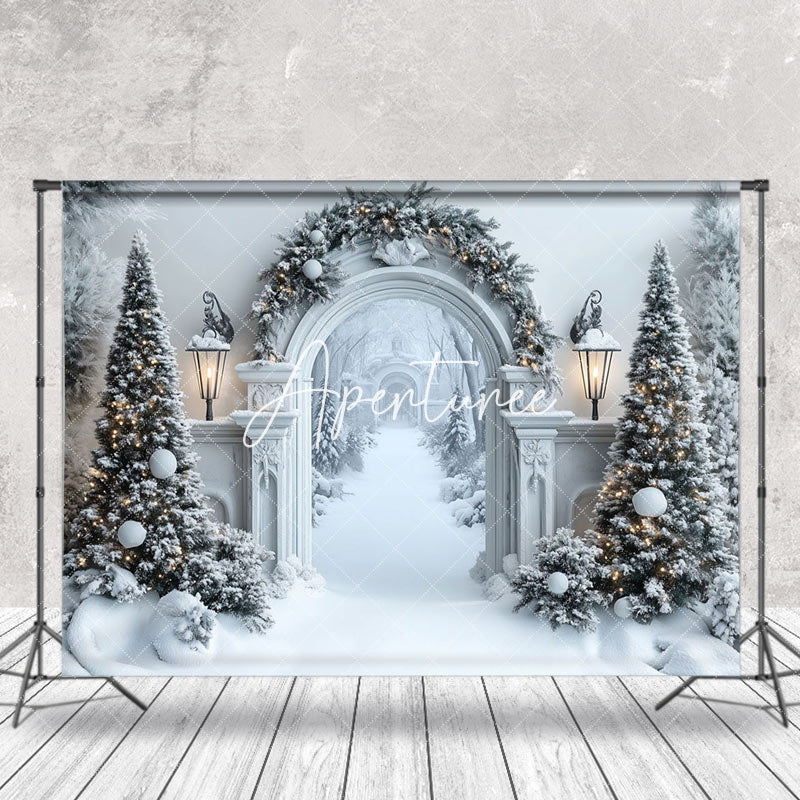 Aperturee - Aperturee Luxury Corridor Pine Trees Snowy Christmas Backdrop