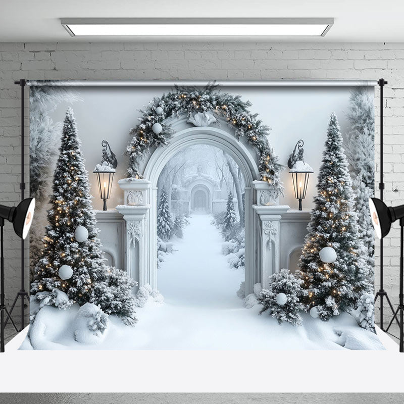 Aperturee - Aperturee Luxury Corridor Pine Trees Snowy Christmas Backdrop