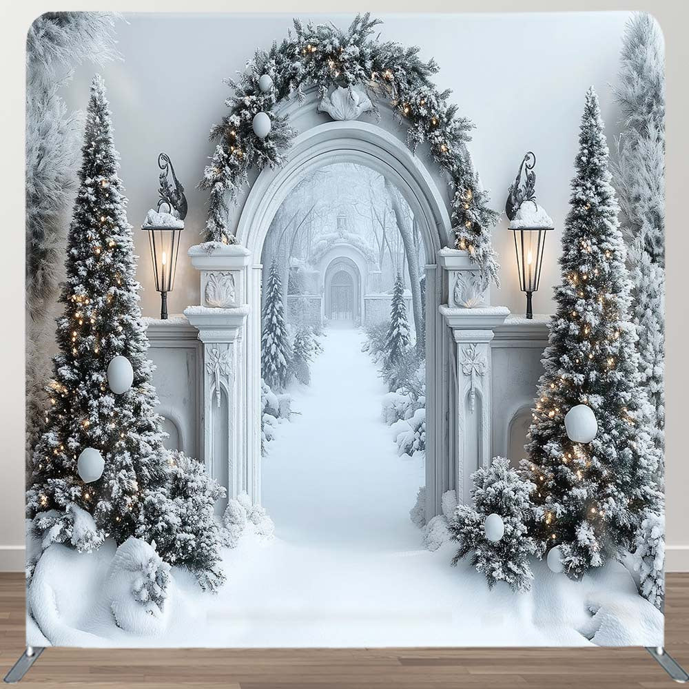 Aperturee - Aperturee Luxury Corridor Pine Trees Snowy Pillow Cover Backdrop