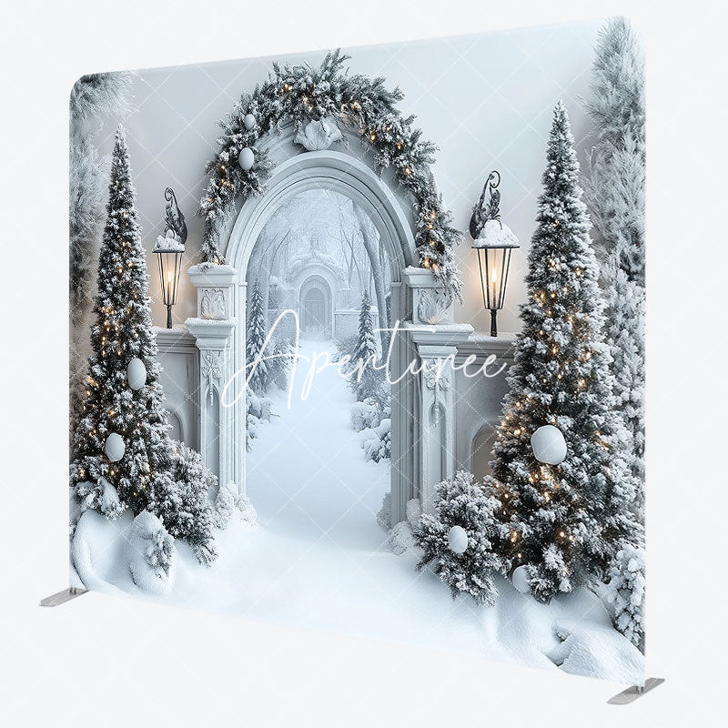 Aperturee - Aperturee Luxury Corridor Pine Trees Snowy Pillow Cover Backdrop