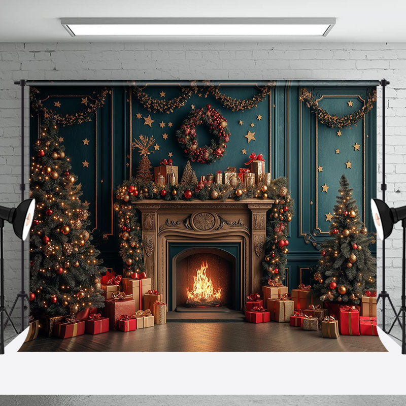 Aperturee - Aperturee Luxury Fireplace Wall Gifts Trees Christmas Backdrop