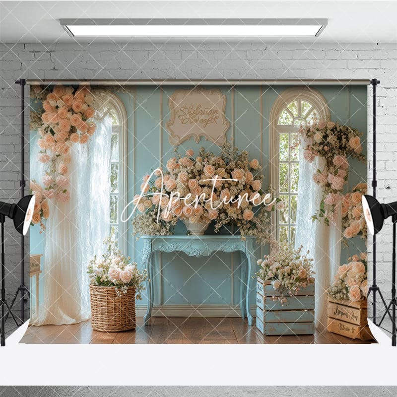 Aperturee - Aperturee Luxury Floral Rose Blue Room Wedding Backdrop