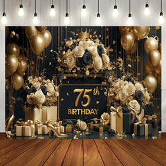 Aperturee - Aperturee Luxury Gold Balloons Floral 75th Birthday Backdrop