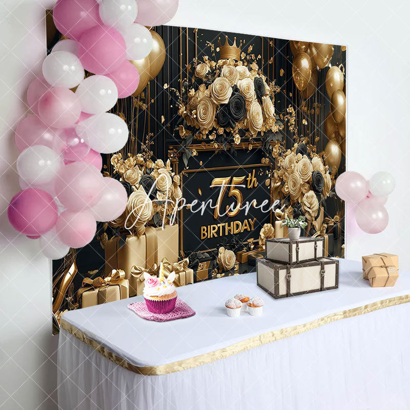 Aperturee - Aperturee Luxury Gold Balloons Floral 75th Birthday Backdrop