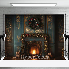 Aperturee - Aperturee Luxury Green Gold Wall Fireplace Christmas Backdrop