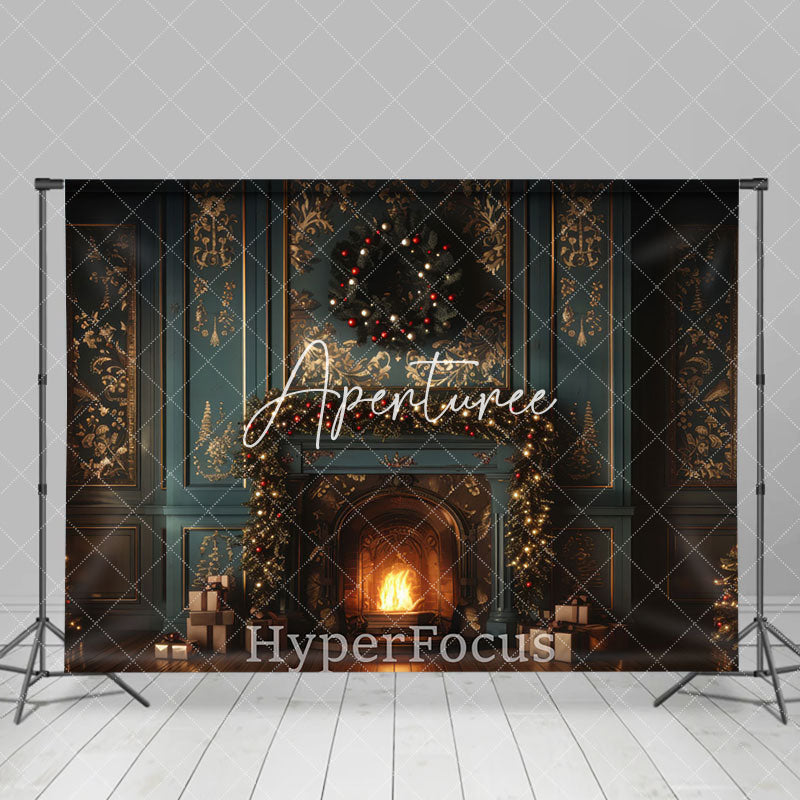 Aperturee - Aperturee Luxury Green Gold Wall Fireplace Christmas Backdrop