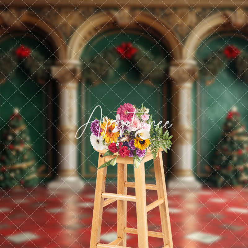 Aperturee - Aperturee Luxury Green Wall Red Floor Christmas Vibe Backdrop