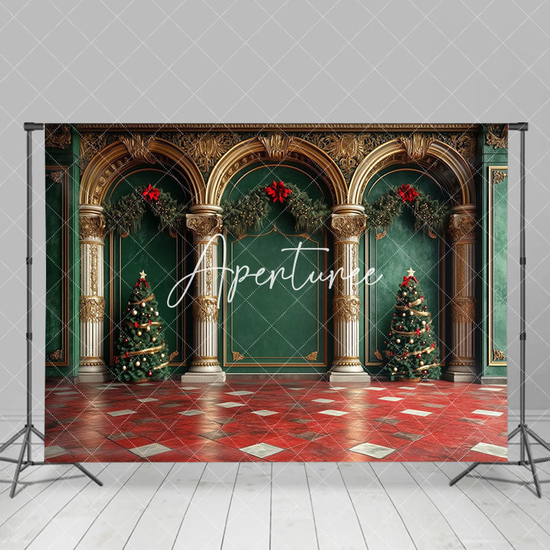 Aperturee - Aperturee Luxury Green Wall Red Floor Christmas Vibe Backdrop