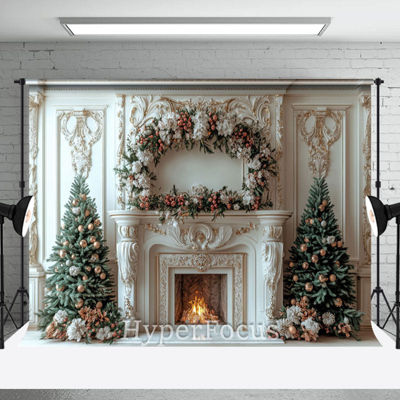 Aperturee - Aperturee Luxury Palace Fireplace Floral Christmas Backdrop