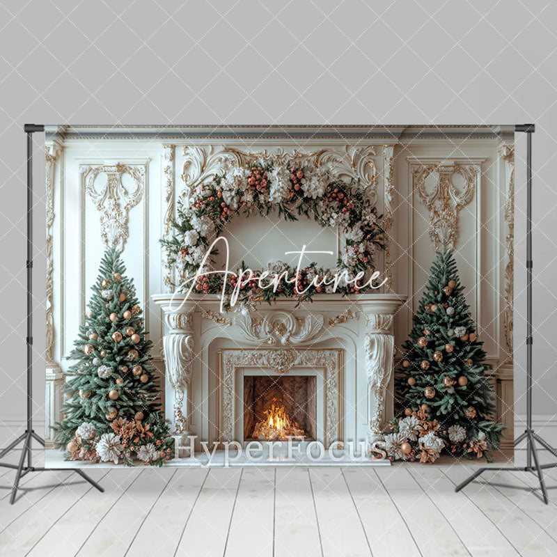 Aperturee - Aperturee Luxury Palace Fireplace Floral Christmas Backdrop