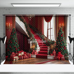 Aperturee - Aperturee Luxury Red Stairs Gifts Xmas Tree Christmas Backdrop