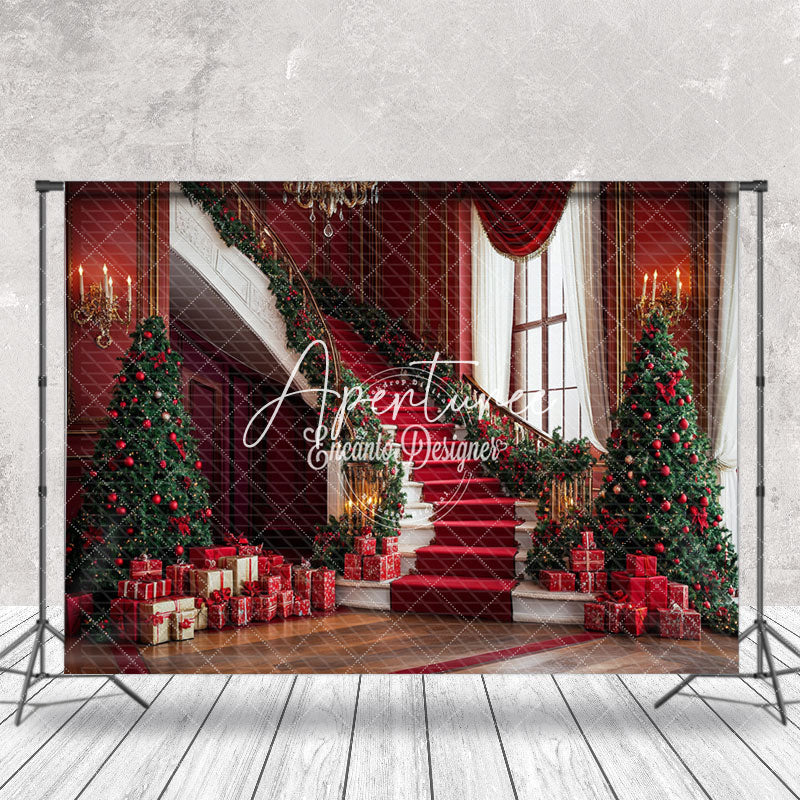 Aperturee - Aperturee Luxury Red Stairs Gifts Xmas Tree Christmas Backdrop