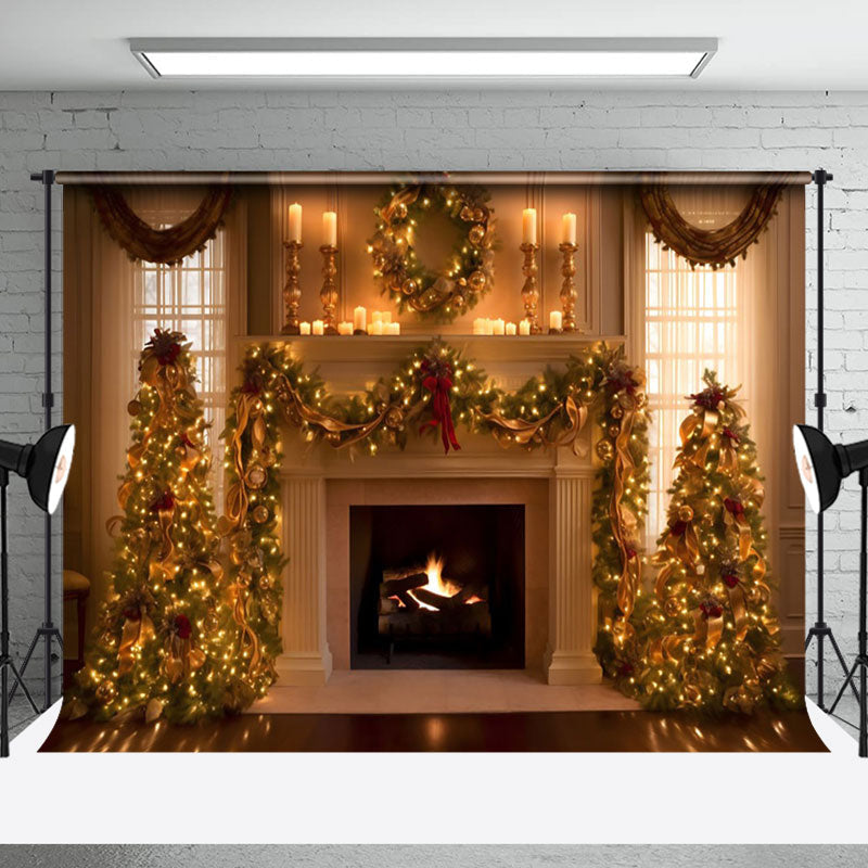 Aperturee - Aperturee Luxury Retro Warm Fireplace Tree Christmas Backdrop