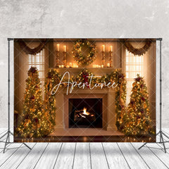 Aperturee - Aperturee Luxury Retro Warm Fireplace Tree Christmas Backdrop