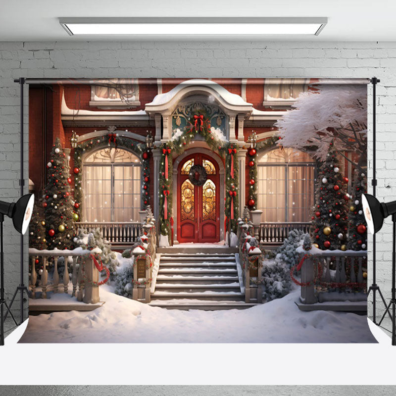 Aperturee - Aperturee Luxury Villa Snowy Window Door Steps Xmas Backdrop