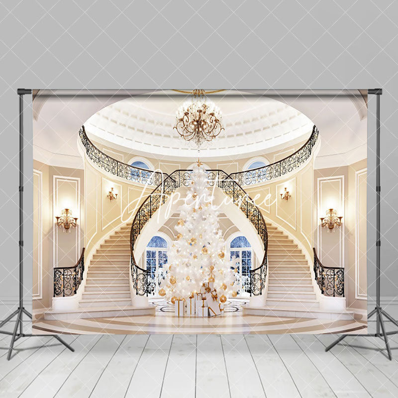 Aperturee - Aperturee Luxury Villa White Stairs Christmas Tree Backdrop