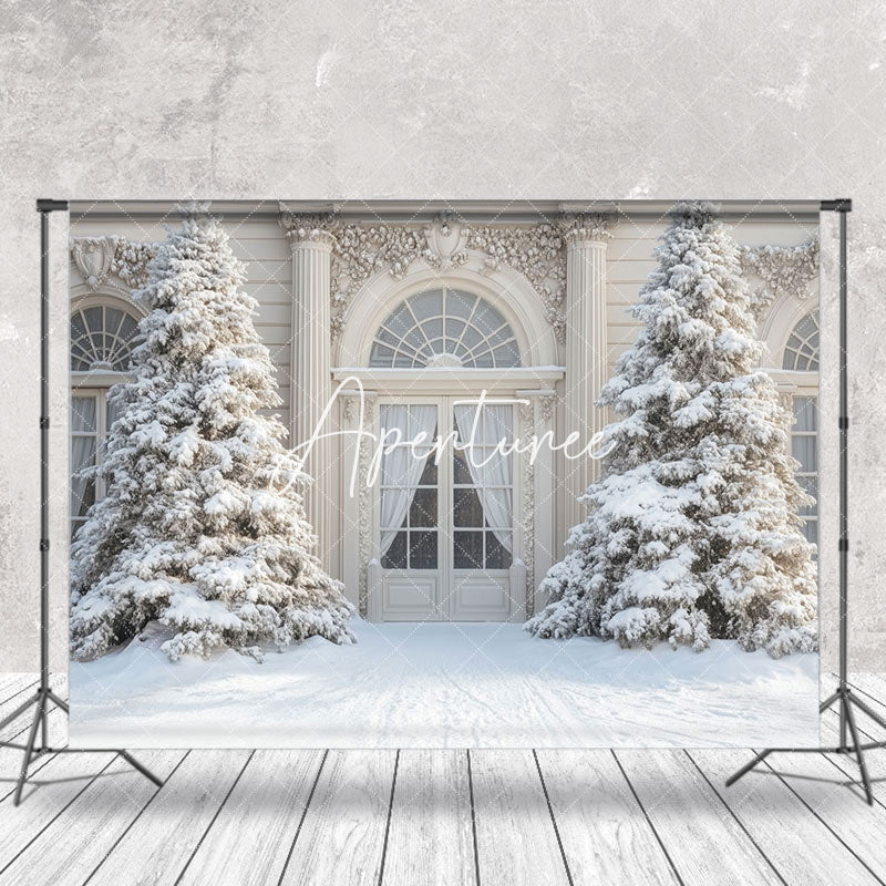 Aperturee - Aperturee Luxury White Door Pine Trees Winter Photo Backdrop