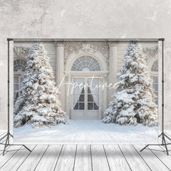 Aperturee - Aperturee Luxury White Door Pine Trees Winter Photo Backdrop