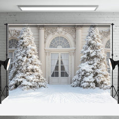 Aperturee - Aperturee Luxury White Door Pine Trees Winter Photo Backdrop