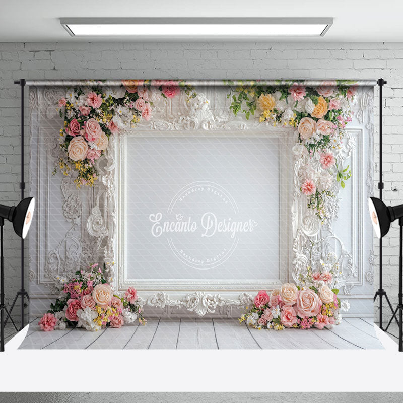 Aperturee - Aperturee Luxury White Wall Pink Roses Wedding Photo Backdrop