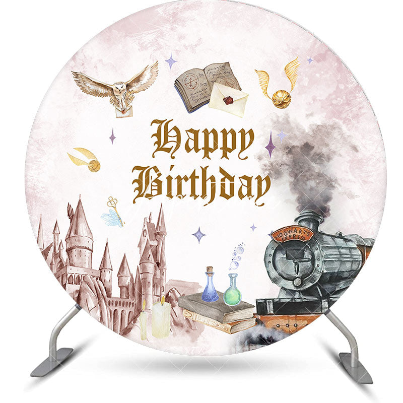 Aperturee - Aperturee Magic World Castle Train Round Birthday Backdrop