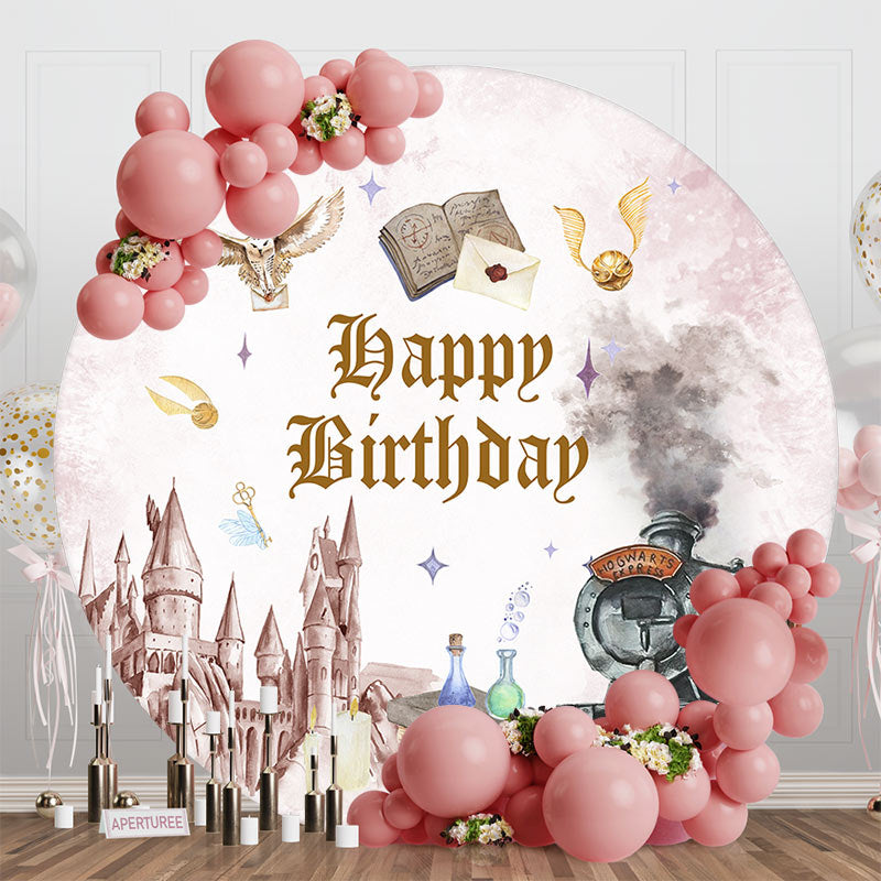 Aperturee - Aperturee Magic World Castle Train Round Birthday Backdrop