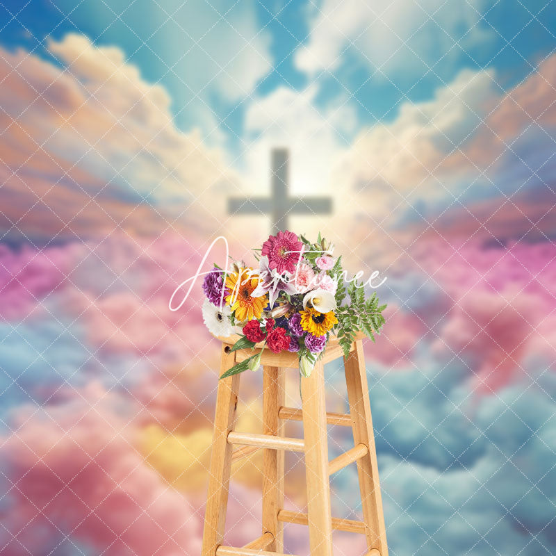 Aperturee - Aperturee Magnificent Rainbow Clouds Cross Easter Backdrop