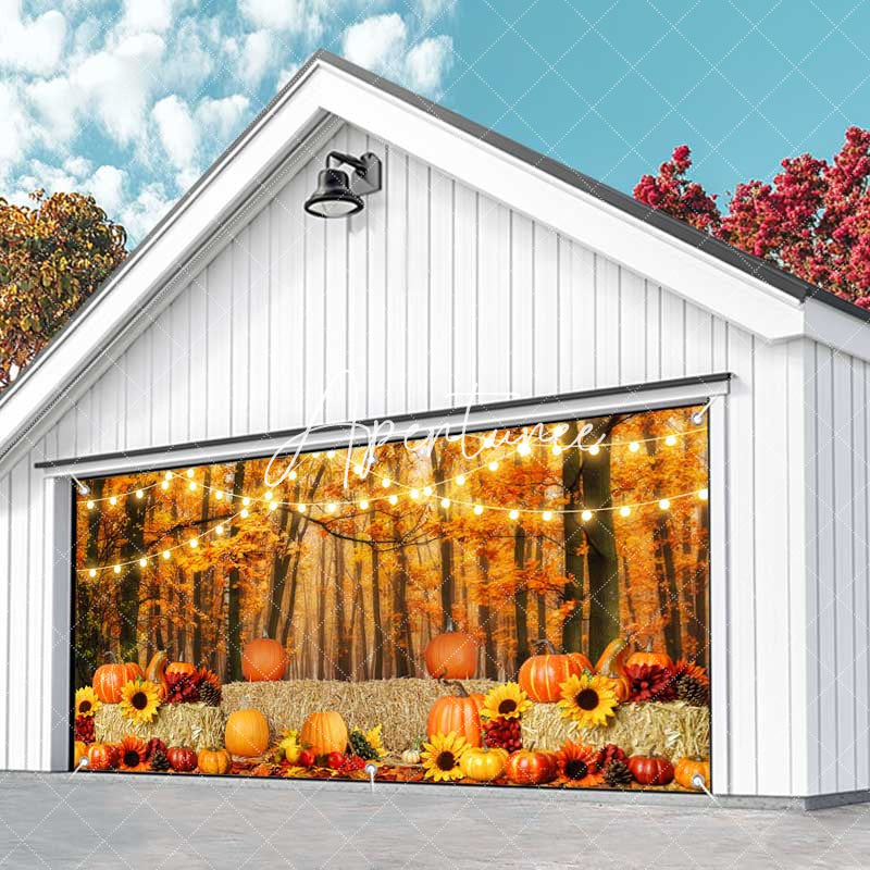 Aperturee - Aperturee Maple Forest Leaves Pumpkin Stack Garage Door Banner