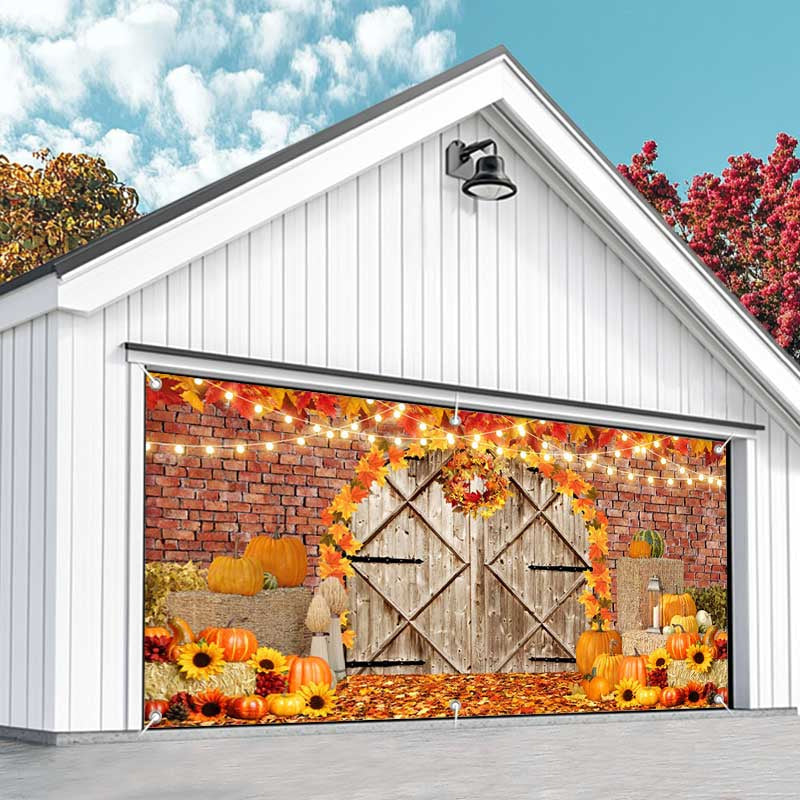 Aperturee - Aperturee Maple Leaves Brick Wall Door Fall Garage Door Banner