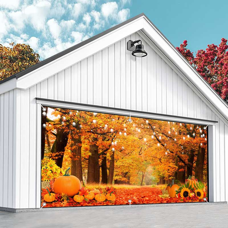 Aperturee - Aperturee Maple Tree Leaves Pumpkins Fall Garage Door Banner