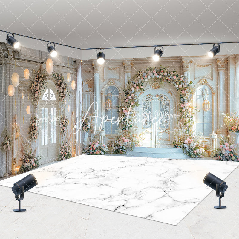 Aperturee - Aperturee Marble Floor Floral Door Wedding Room Set Backdrop