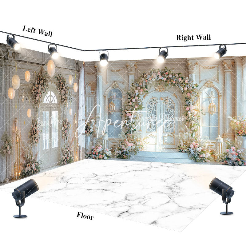 Aperturee - Aperturee Marble Floor Floral Door Wedding Room Set Backdrop