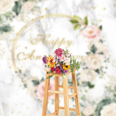 Aperturee - Aperturee Marble Floral Greenery Happy Anniversary Backdrop