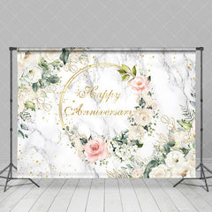 Aperturee - Aperturee Marble Floral Greenery Happy Anniversary Backdrop