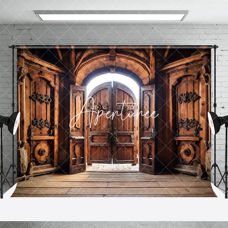 Aperturee - Aperturee Medieval Castle Copper Wooden Door Photo Backdrop