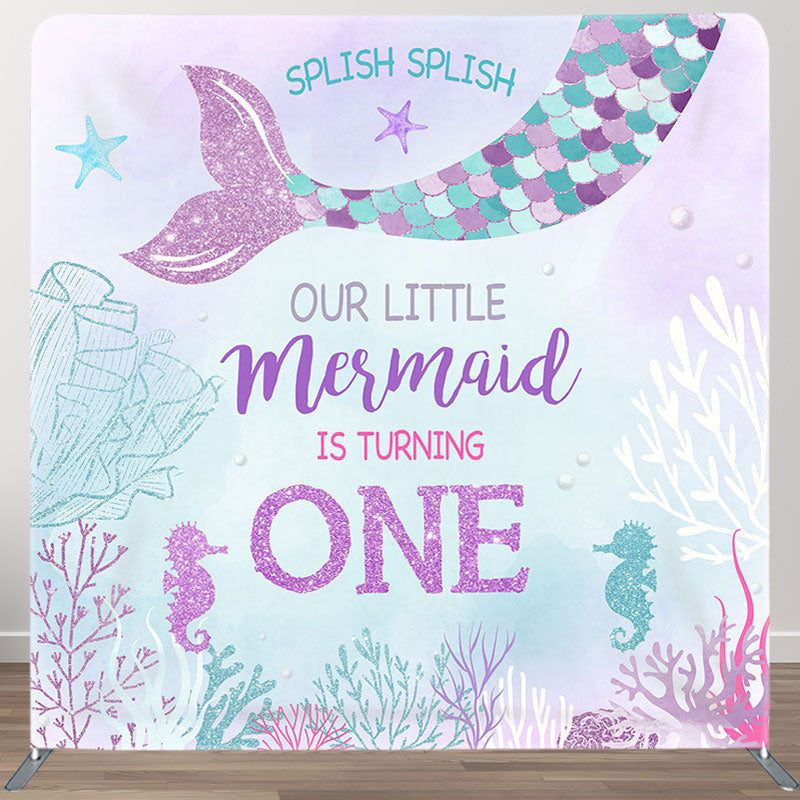 Aperturee - Aperturee Mermaid Is Turning One Fabric Backdrop Cover for Birthday