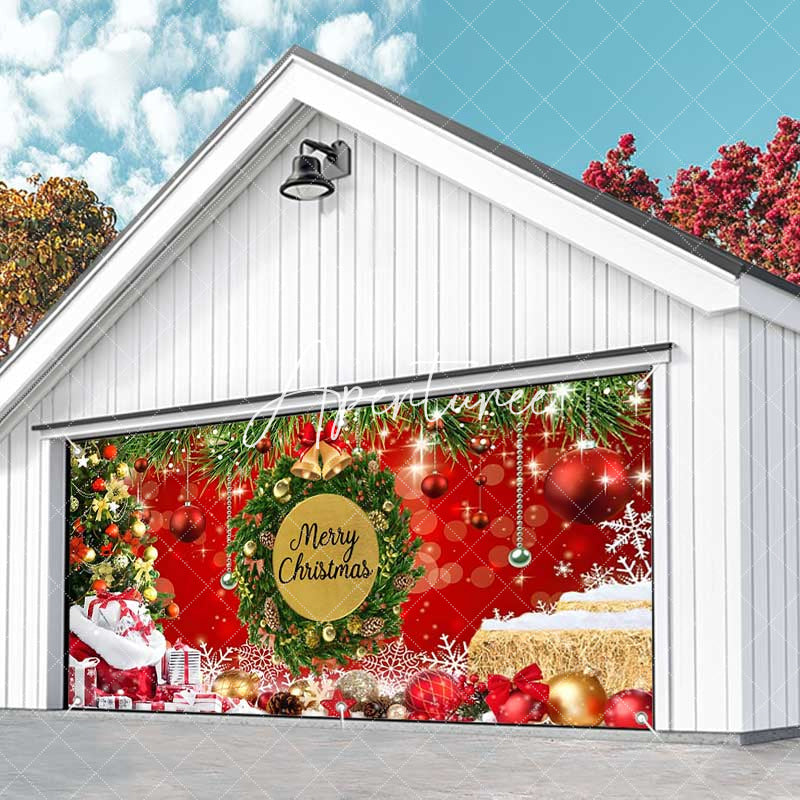 Aperturee - Aperturee Merry Christmas Wreath Tree Red Garage Door Banner